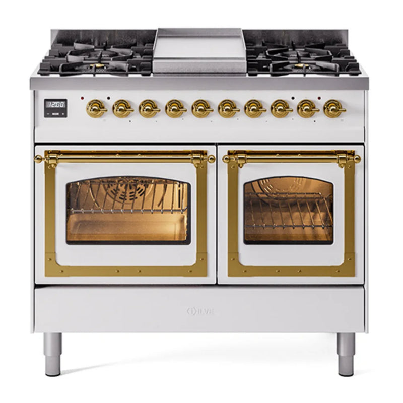 ILVE Nostalgie II Noblesse 40" Dual Fuel Freestanding Range in White with Brass Trim, UND40FNMPWHGLP