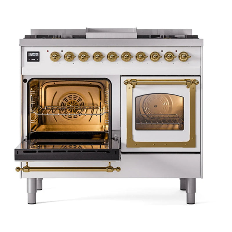 ILVE Nostalgie II Noblesse 40" Dual Fuel Freestanding Range in White with Brass Trim, UND40FNMPWHGLP