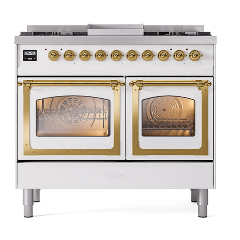 ILVE Nostalgie II Noblesse 40" Dual Fuel Freestanding Range in White with Brass Trim, UND40FNMPWHGLP