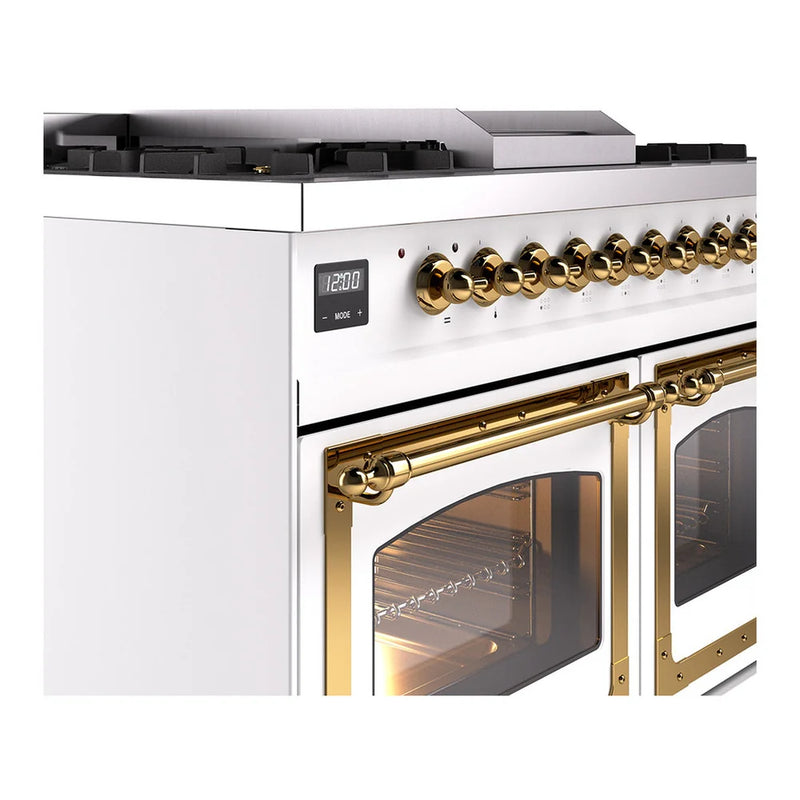 ILVE Nostalgie II Noblesse 40" Dual Fuel Freestanding Range in White with Brass Trim, UND40FNMPWHGLP