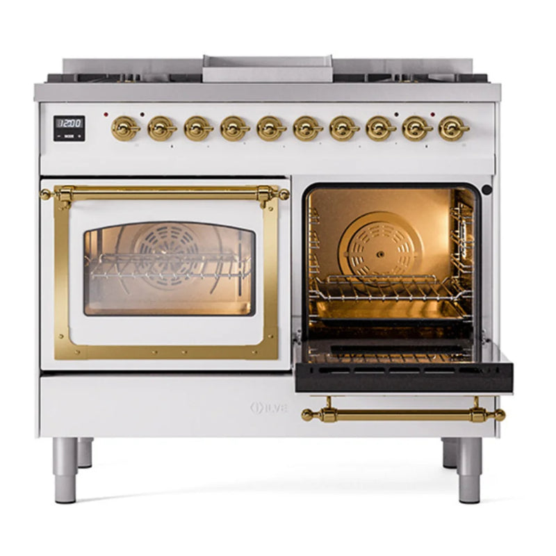 ILVE Nostalgie II Noblesse 40" Dual Fuel Freestanding Range in White with Brass Trim, UND40FNMPWHG