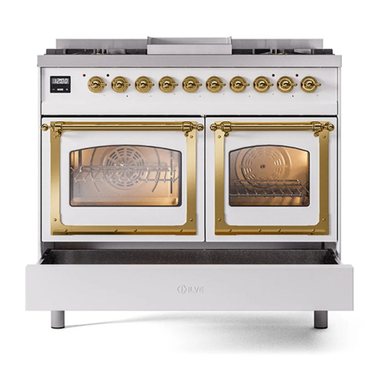 ILVE Nostalgie II Noblesse 40" Dual Fuel Freestanding Range in White with Brass Trim, UND40FNMPWHG