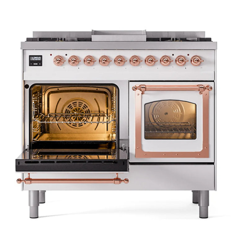 ILVE Nostalgie II Noblesse 40" Dual Fuel Freestanding Range in White with Copper Trim, UND40FNMPWHPLP