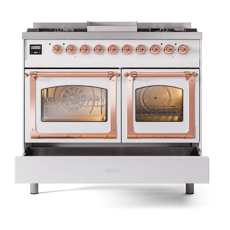 ILVE Nostalgie II Noblesse 40" Dual Fuel Freestanding Range in White with Copper Trim, UND40FNMPWHPLP