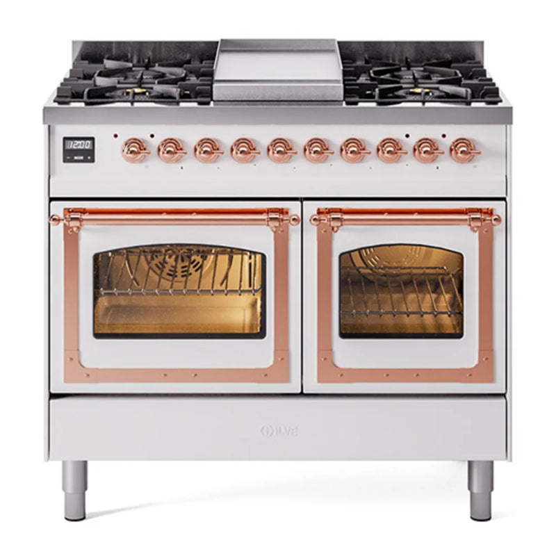 ILVE Nostalgie II Noblesse 40" Dual Fuel Freestanding Range in White with Copper Trim, UND40FNMPWHP
