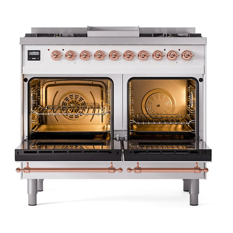 ILVE Nostalgie II Noblesse 40" Dual Fuel Freestanding Range in White with Copper Trim, UND40FNMPWHP