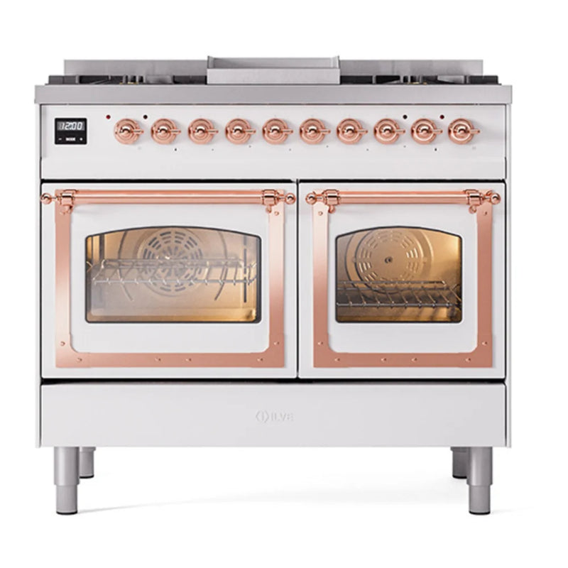 ILVE Nostalgie II Noblesse 40" Dual Fuel Freestanding Range in White with Copper Trim, UND40FNMPWHP