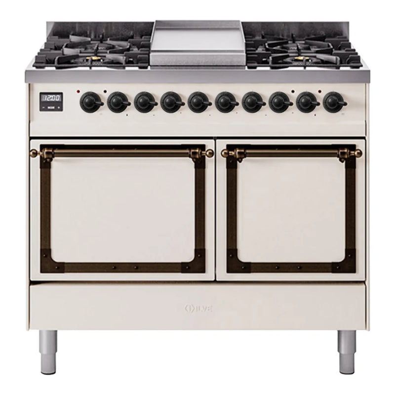 ILVE Nostalgie II Noblesse 40" Dual Fuel Freestanding Range in Antique White with Burnished Trim, UND40FQNMPAWB