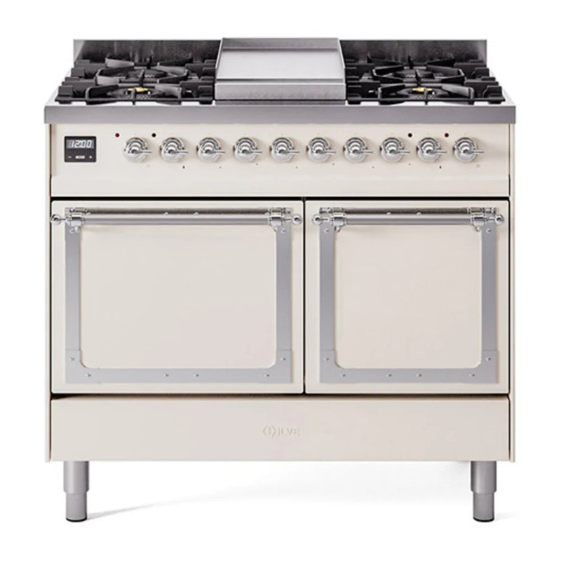 ILVE Nostalgie II Noblesse 40" Dual Fuel Freestanding Range in Antique White with Chrome Trim, UND40FQNMPAWCLP