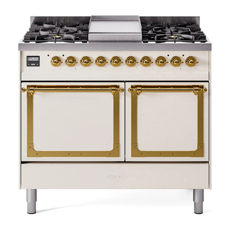 ILVE Nostalgie II Noblesse 40" Dual Fuel Freestanding Range in Antique White with Brass Trim, UND40FQNMPAWG