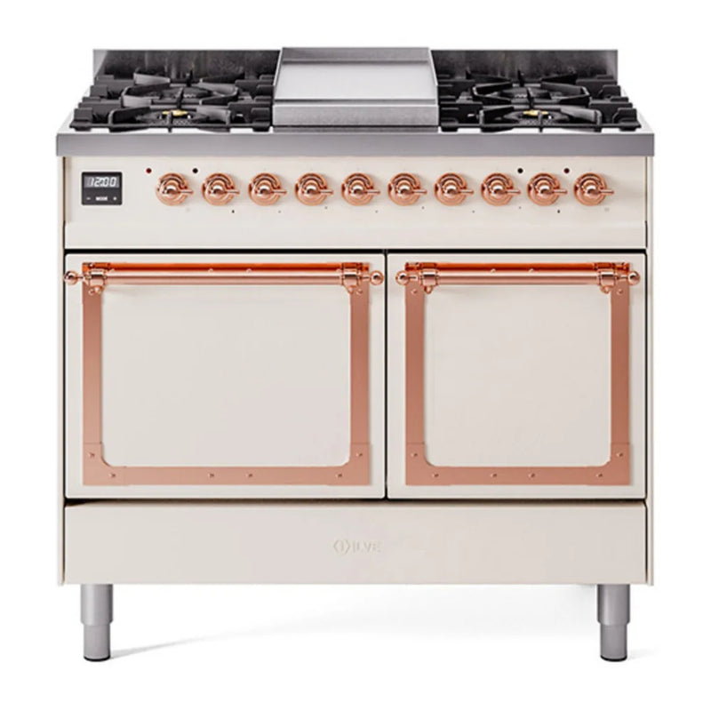 ILVE Nostalgie II Noblesse 40" Dual Fuel Freestanding Range in Antique White with Copper Trim, UND40FQNMPAWPLP