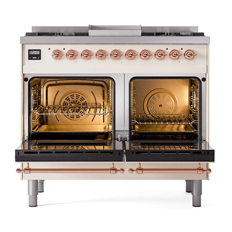 ILVE Nostalgie II Noblesse 40" Dual Fuel Freestanding Range in Antique White with Copper Trim, UND40FQNMPAWPLP
