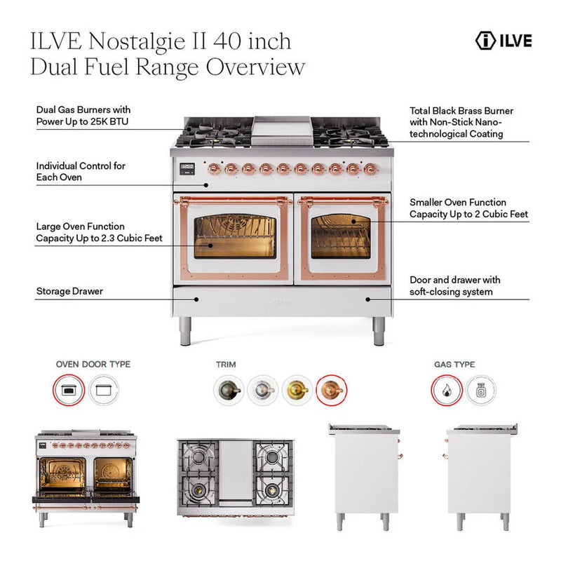 ILVE Nostalgie II Noblesse 40" Dual Fuel Freestanding Range in Antique White with Copper Trim, UND40FQNMPAWP