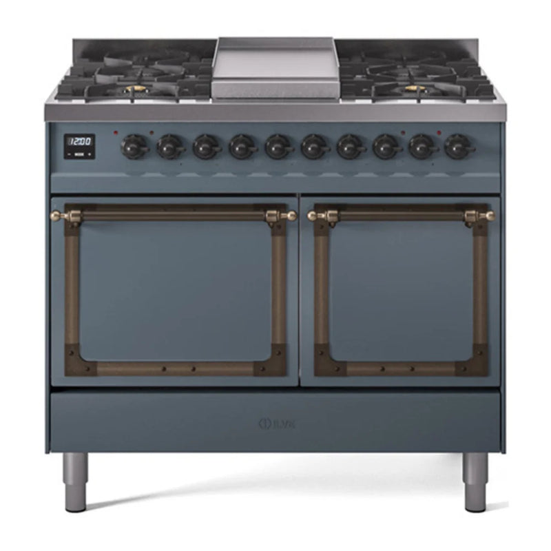 ILVE Nostalgie II Noblesse 40" Dual Fuel Freestanding Range in Blue Grey with Burnished Trim, UND40FQNMPBGBLP