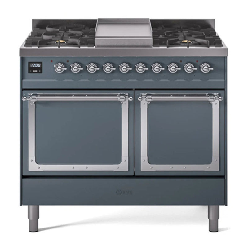 ILVE Nostalgie II Noblesse 40" Dual Fuel Freestanding Range in Blue Grey with Chrome Trim, UND40FQNMPBGC