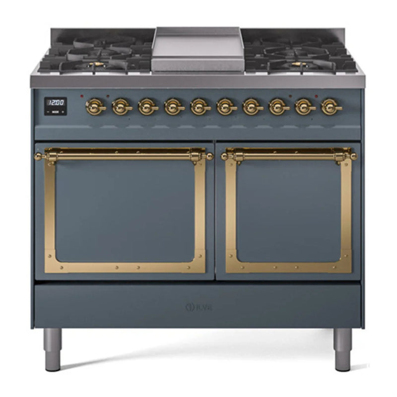 ILVE Nostalgie II Noblesse 40" Dual Fuel Freestanding Range in Blue Grey with Brass Trim, UND40FQNMPBGG