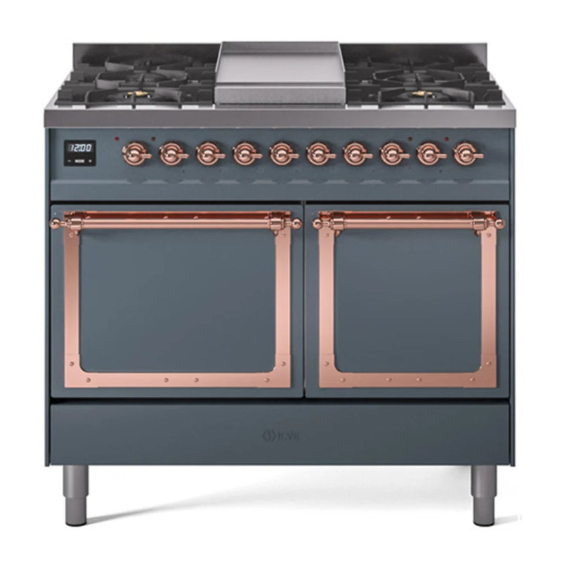 ILVE Nostalgie II Noblesse 40" Dual Fuel Freestanding Range in Blue Grey with Copper Trim, UND40FQNMPBGP