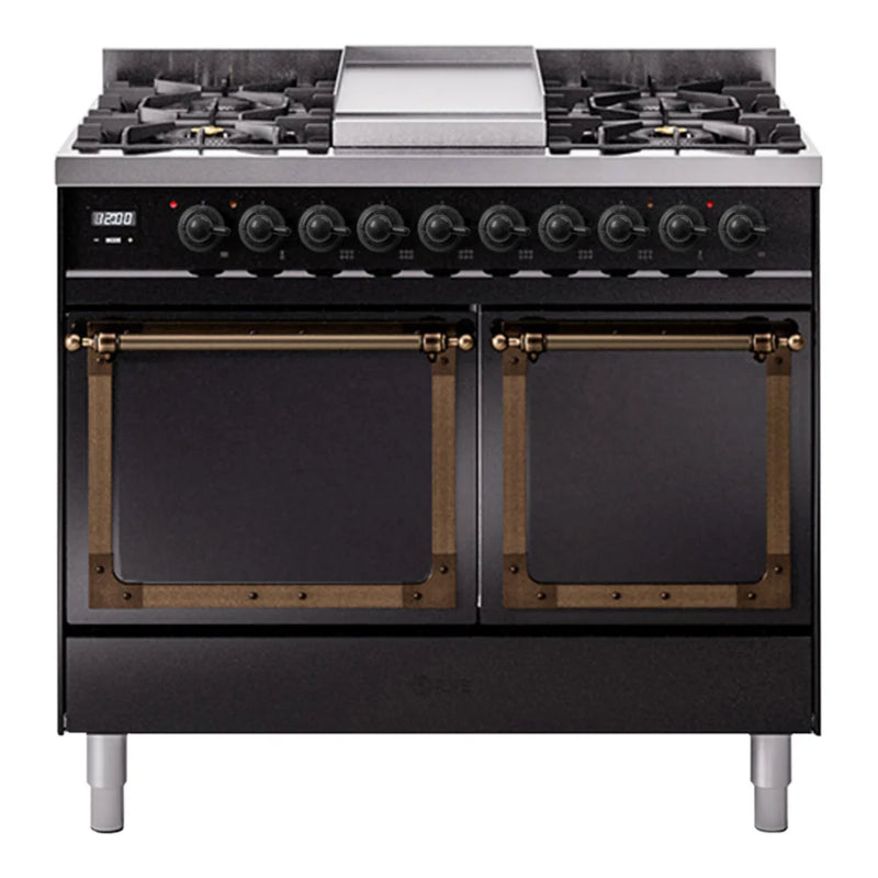ILVE Nostalgie II Noblesse 40" Dual Fuel Freestanding Range in Glossy Black with Burnished Trim, UND40FQNMPBKBLP