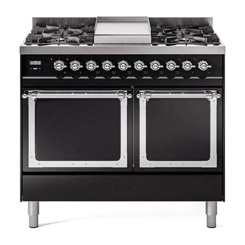 ILVE Nostalgie II Noblesse 40" Dual Fuel Freestanding Range in Glossy Black with Chrome Trim, UND40FQNMPBKCLP