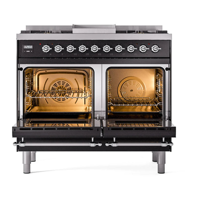 ILVE Nostalgie II Noblesse 40" Dual Fuel Freestanding Range in Glossy Black with Chrome Trim, UND40FQNMPBKCLP