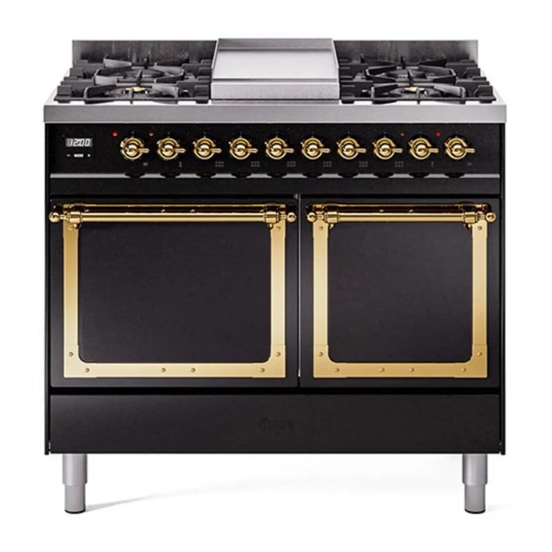 ILVE Nostalgie II Noblesse 40" Dual Fuel Freestanding Range in Glossy Black with Brass Trim, UND40FQNMPBKGLP