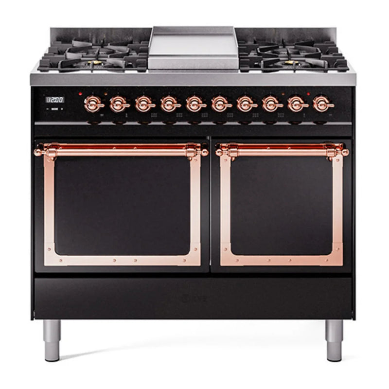 ILVE Nostalgie II Noblesse 40" Dual Fuel Freestanding Range in Glossy Black with Copper Trim, UND40FQNMPBKPLP
