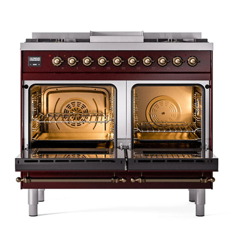 ILVE Nostalgie II Noblesse 40" Dual Fuel Freestanding Range in Burgundy with Burnished Trim, UND40FQNMPBUBLP