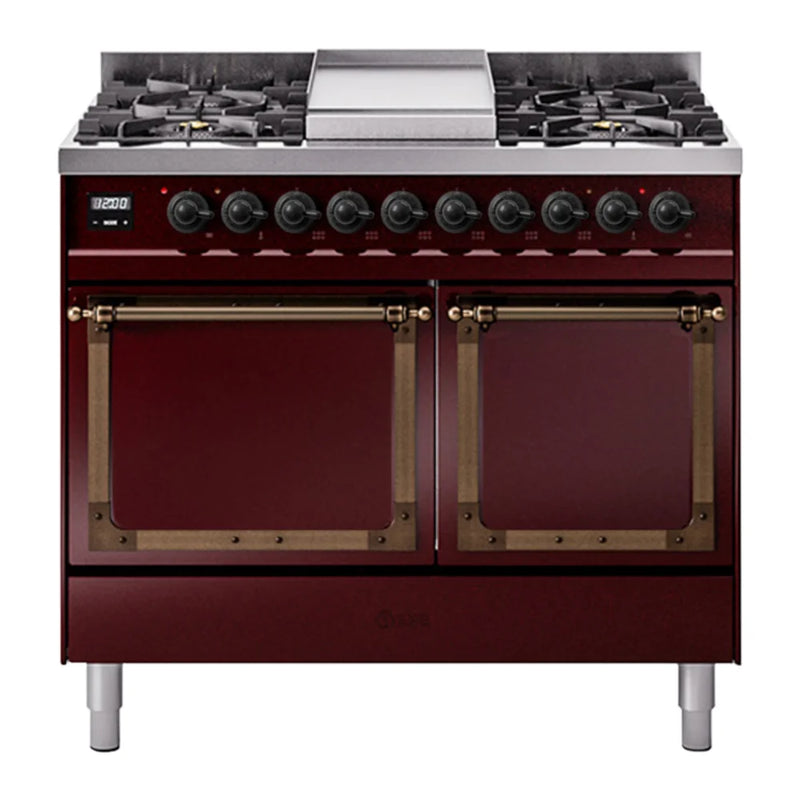 ILVE Nostalgie II Noblesse 40" Dual Fuel Freestanding Range in Burgundy with Burnished Trim, UND40FQNMPBUB