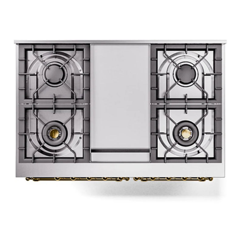 ILVE Nostalgie II Noblesse 40" Dual Fuel Freestanding Range in Burgundy with Brass Trim, UND40FQNMPBUGLP