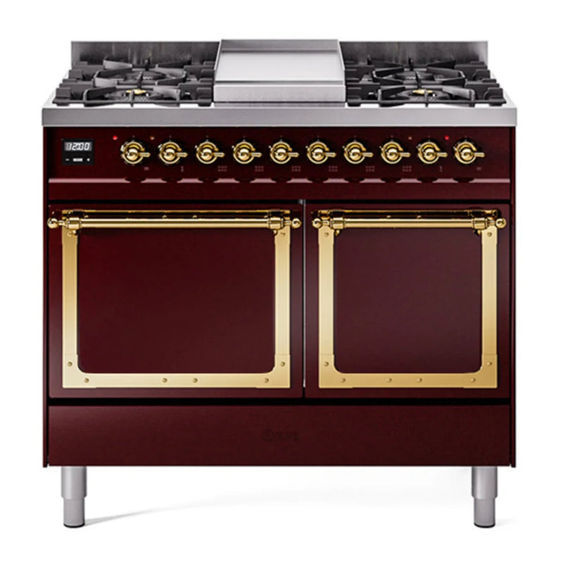 ILVE Nostalgie II Noblesse 40" Dual Fuel Freestanding Range in Burgundy with Brass Trim, UND40FQNMPBUG
