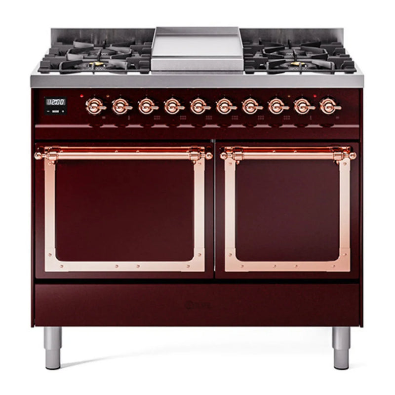 ILVE Nostalgie II Noblesse 40" Dual Fuel Freestanding Range in Burgundy with Copper Trim, UND40FQNMPBUPLP