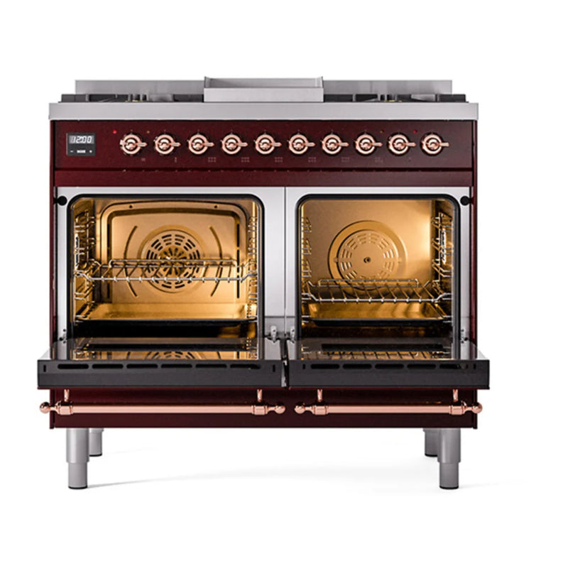 ILVE Nostalgie II Noblesse 40" Dual Fuel Freestanding Range in Burgundy with Copper Trim, UND40FQNMPBUPLP