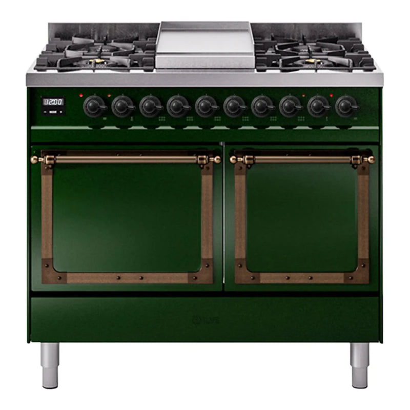 ILVE Nostalgie II Noblesse 40" Dual Fuel Freestanding Range in Emerald Green with Burnished Trim, UND40FQNMPEGBLP