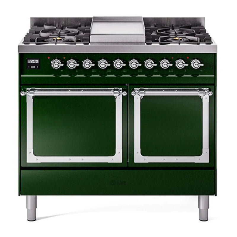 ILVE Nostalgie II Noblesse 40" Dual Fuel Freestanding Range in Emerald Green with Chrome Trim, UND40FQNMPEGCLP
