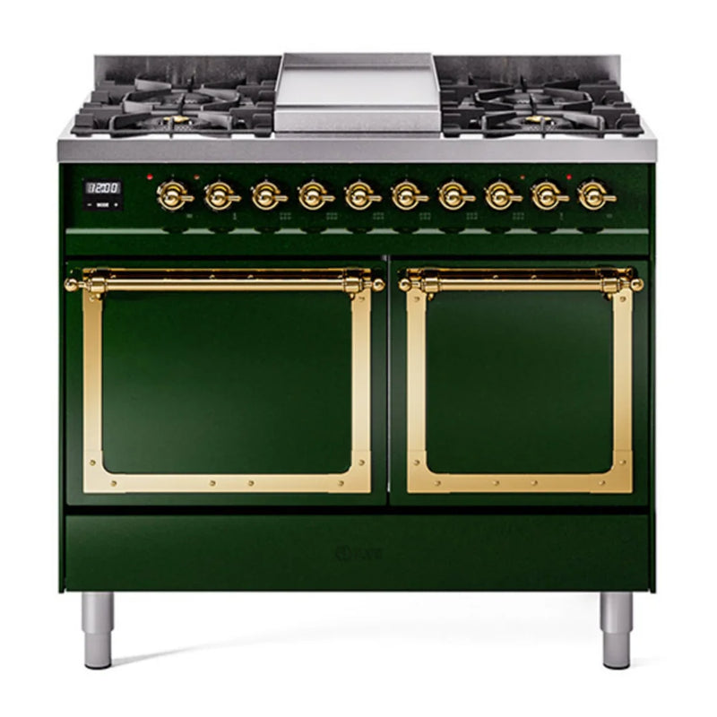 ILVE Nostalgie II Noblesse 40" Dual Fuel Freestanding Range in Emerald Green with Brass Trim, UND40FQNMPEGGLP