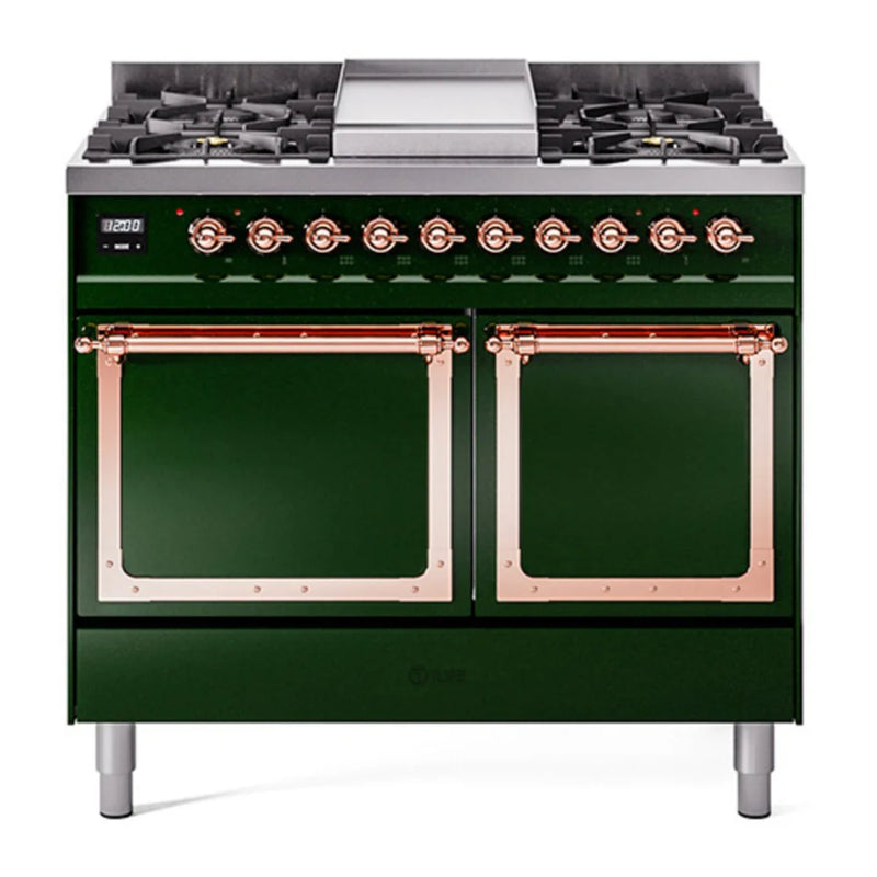 ILVE Nostalgie II Noblesse 40" Dual Fuel Freestanding Range in Emerald Green with Copper Trim, UND40FQNMPEGPLP
