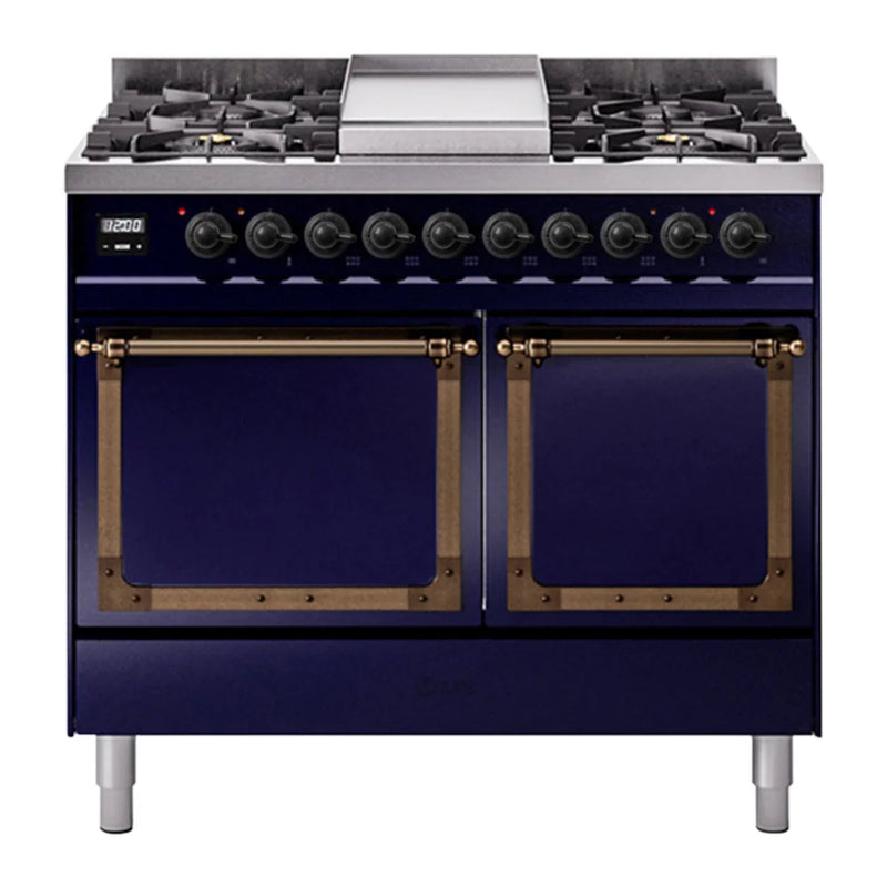 ILVE Nostalgie II Noblesse 40" Dual Fuel Freestanding Range in Midnight Blue with Burnished Trim, UND40FQNMPMBB
