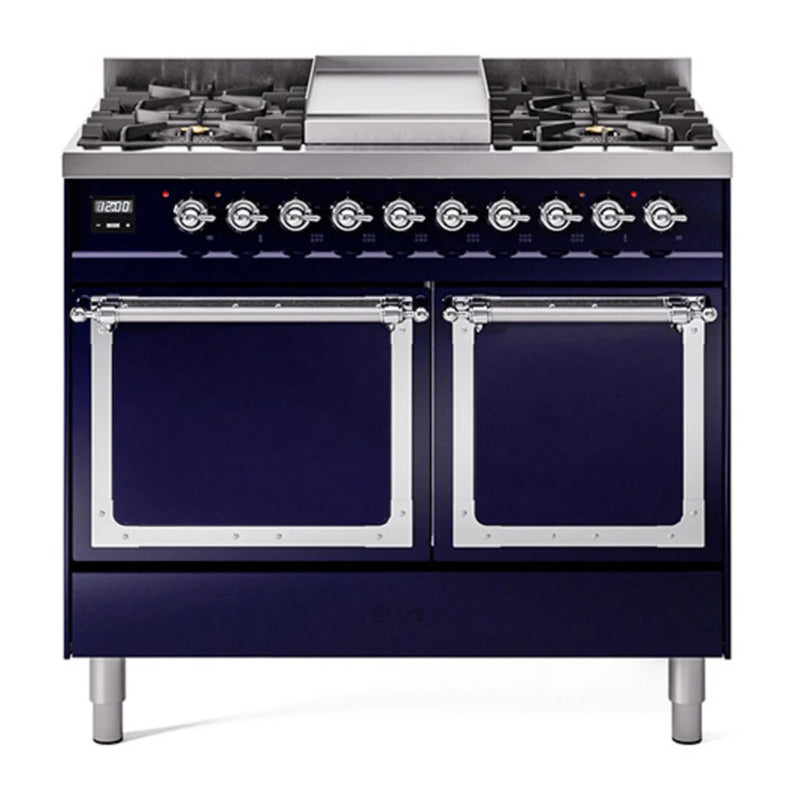 ILVE Nostalgie II Noblesse 40" Dual Fuel Freestanding Range in Midnight Blue with Chrome Trim, UND40FQNMPMBCLP