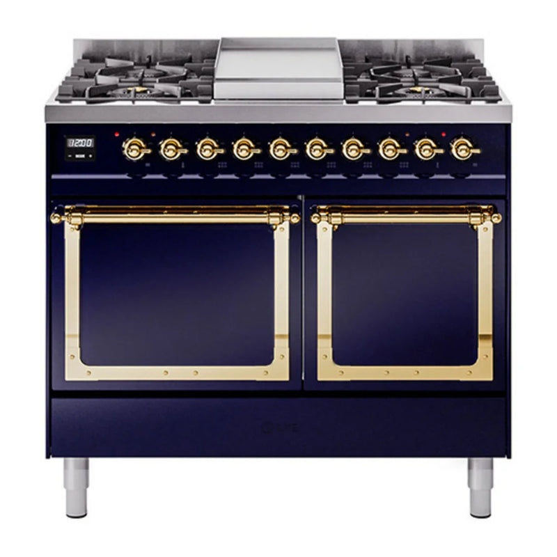 ILVE Nostalgie II Noblesse 40" Dual Fuel Freestanding Range in Midnight Blue with Brass Trim, UND40FQNMPMBGLP