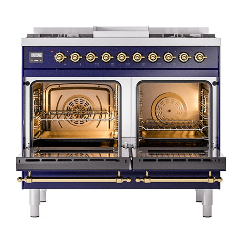 ILVE Nostalgie II Noblesse 40" Dual Fuel Freestanding Range in Midnight Blue with Brass Trim, UND40FQNMPMBG