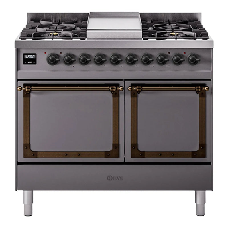 ILVE Nostalgie II Noblesse 40" Dual Fuel Freestanding Range in Graphite Matte with Burnished Trim, UND40FQNMPMGB