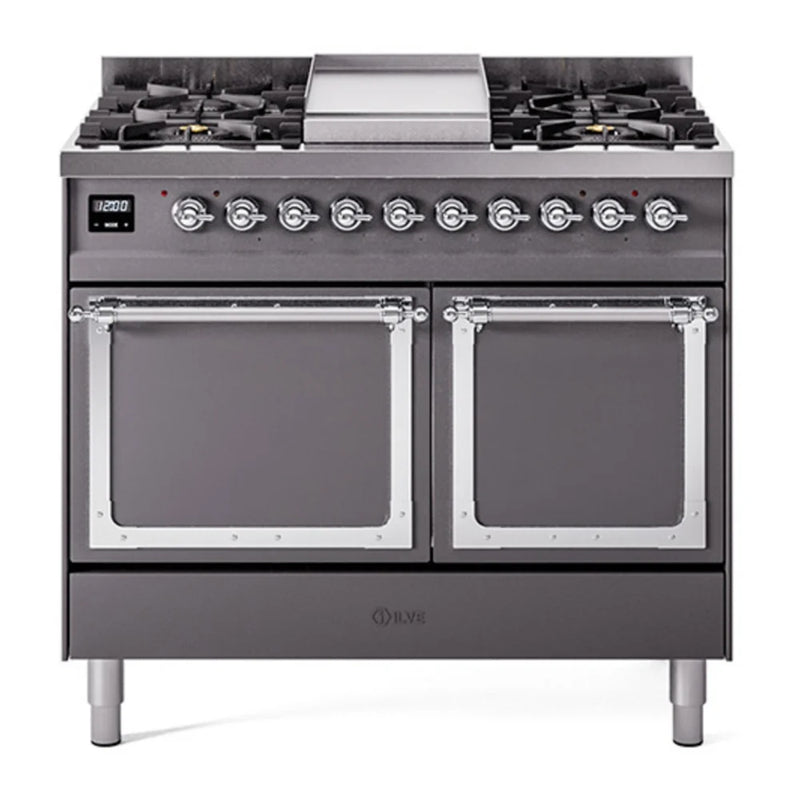 ILVE Nostalgie II Noblesse 40" Dual Fuel Freestanding Range in Graphite Matte with Chrome Trim, UND40FQNMPMGCLP