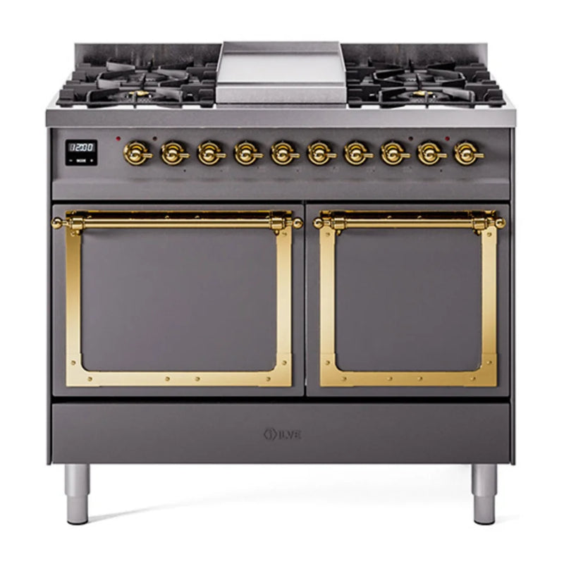 ILVE Nostalgie II Noblesse 40" Dual Fuel Freestanding Range in Graphite Matte with Brass Trim, UND40FQNMPMGG