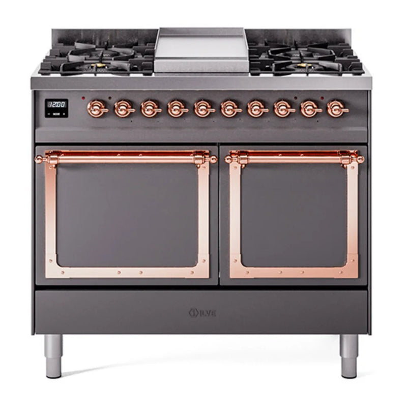 ILVE Nostalgie II Noblesse 40" Dual Fuel Freestanding Range in Graphite Matte with Copper Trim, UND40FQNMPMGP