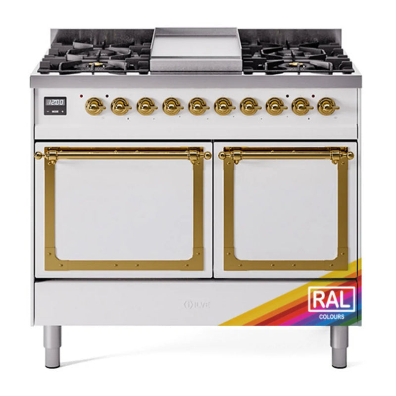 ILVE Nostalgie II Noblesse 40" Dual Fuel Freestanding Range in RAL Color with Brass Trim, UND40FQNMPRAG
