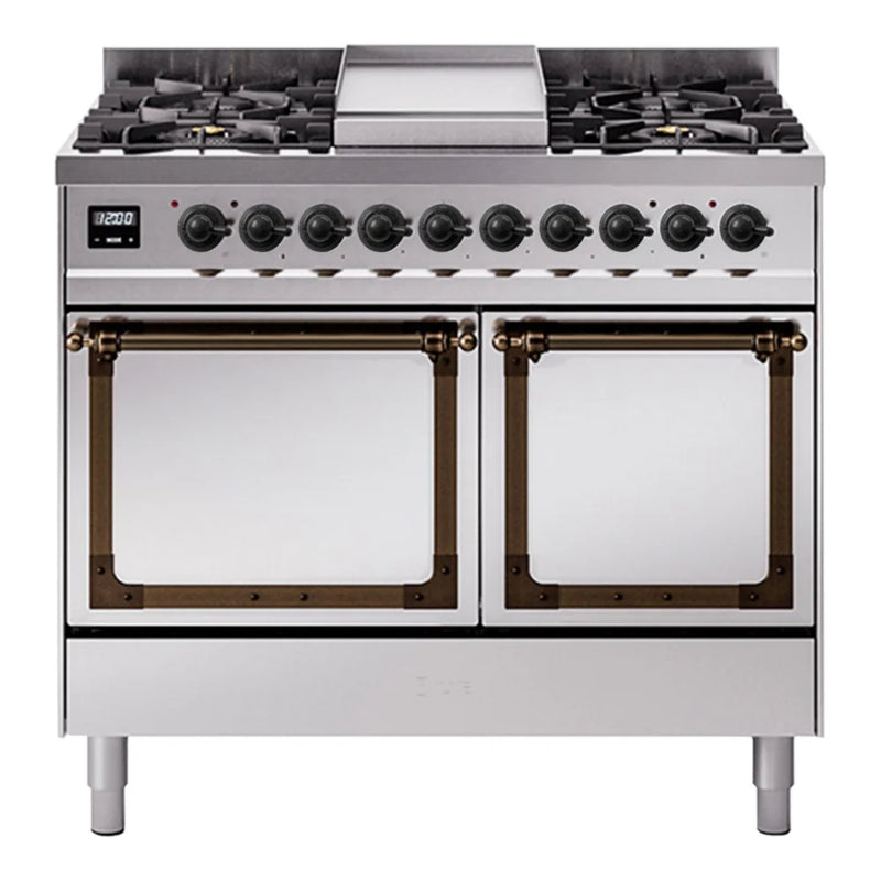 ILVE Nostalgie II Noblesse 40" Dual Fuel Freestanding Range in Stainless Steel with Burnished Trim, UND40FQNMPSSBLP