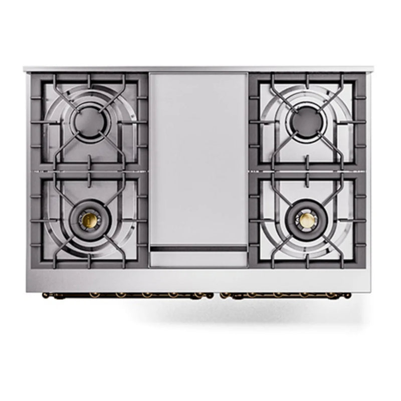 ILVE Nostalgie II Noblesse 40" Dual Fuel Freestanding Range in Stainless Steel with Burnished Trim, UND40FQNMPSSBLP