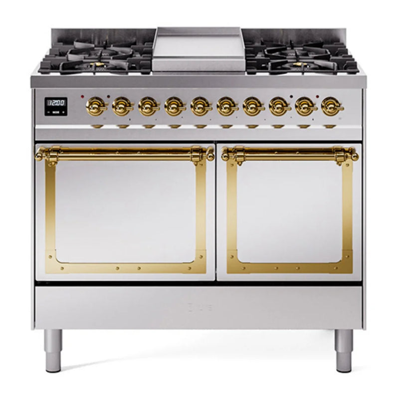 ILVE Nostalgie II Noblesse 40" Dual Fuel Freestanding Range in Stainless Steel with Brass Trim, UND40FQNMPSSGLP