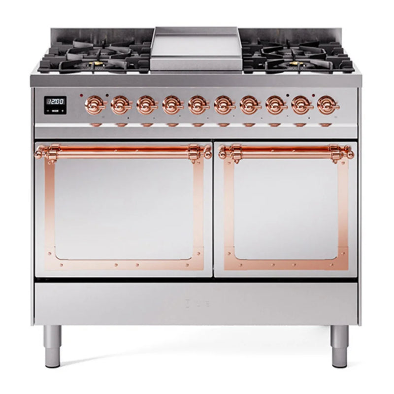 ILVE Nostalgie II Noblesse 40" Dual Fuel Freestanding Range in Stainless Steel with Copper Trim, UND40FQNMPSSP