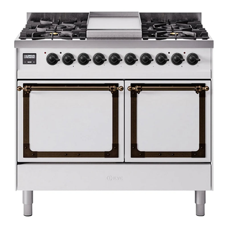ILVE Nostalgie II Noblesse 40" Dual Fuel Freestanding Range in White with Burnished Trim, UND40FQNMPWHBLP